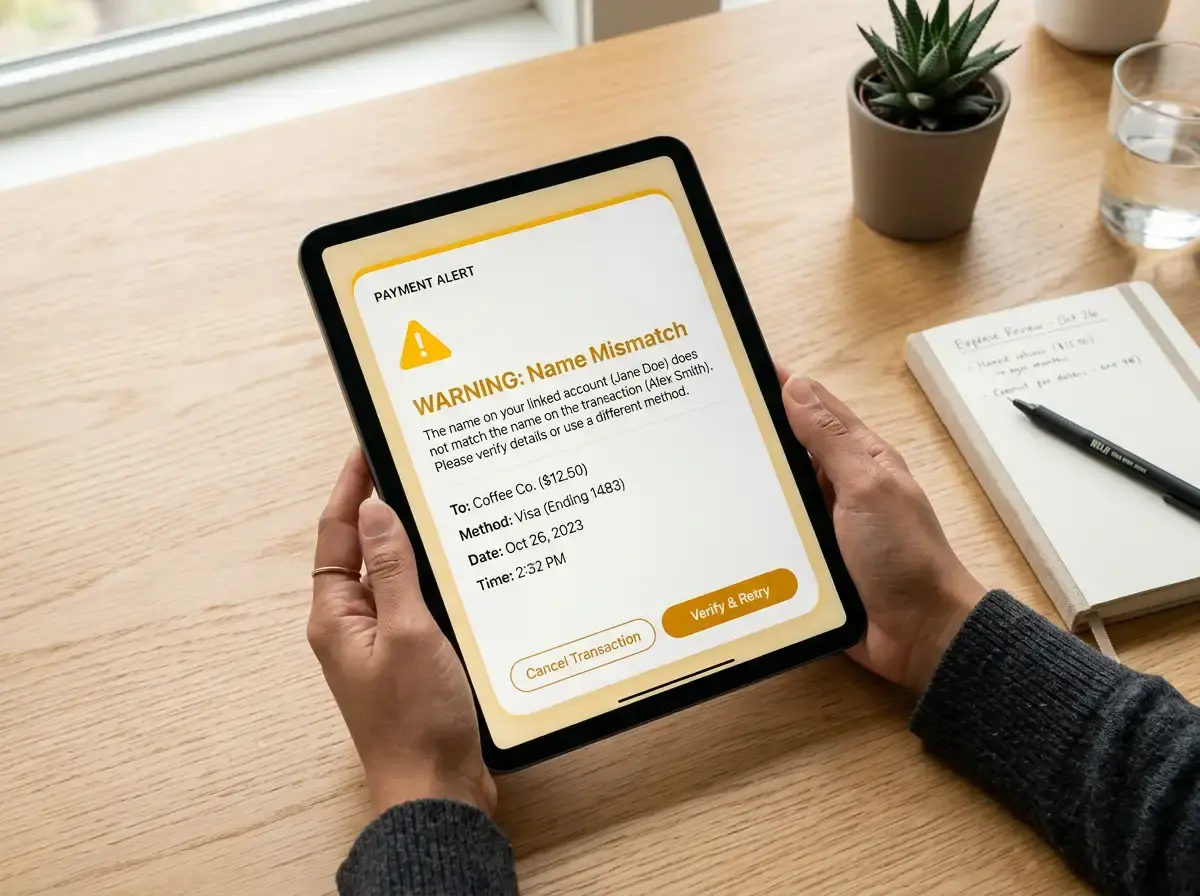 Confirmation of Payee name mismatch warning displayed during payment