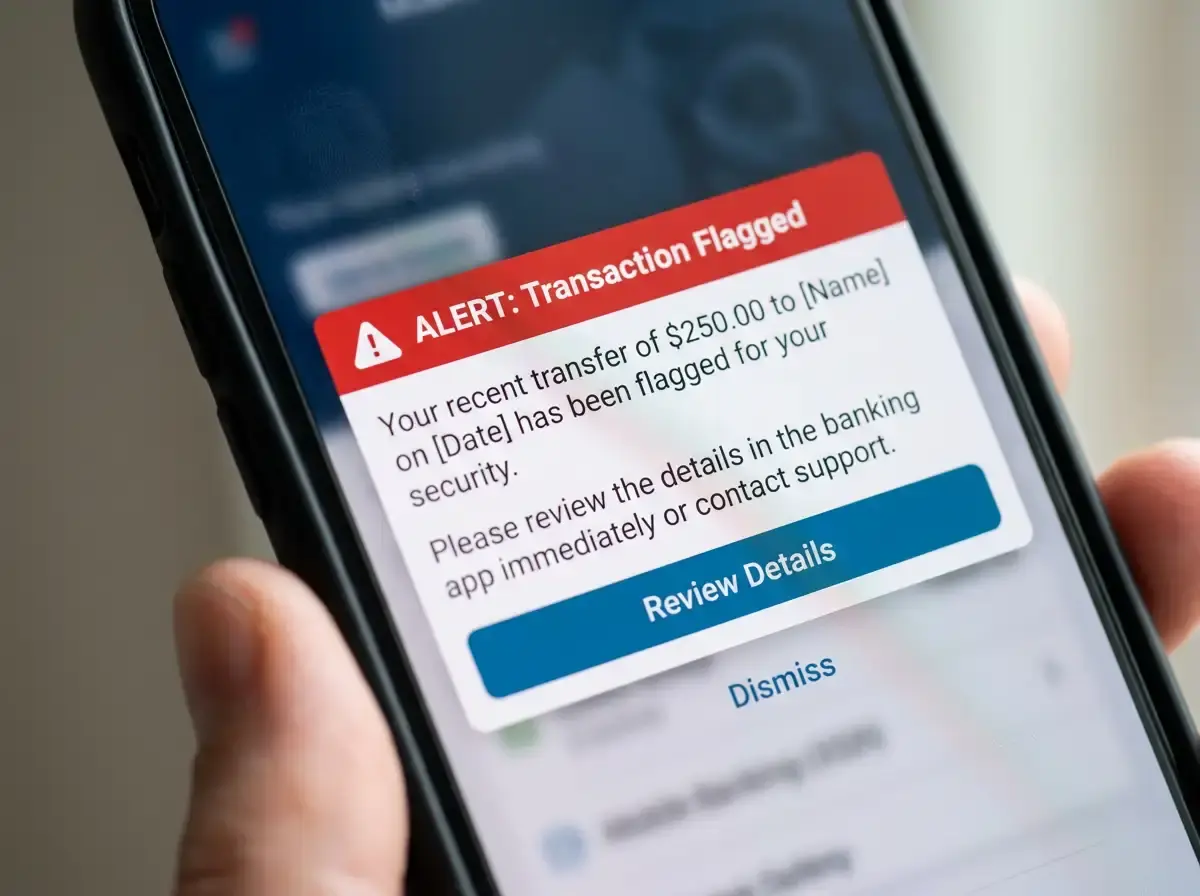Bank gambling block notification alerting flagged PayID transfer