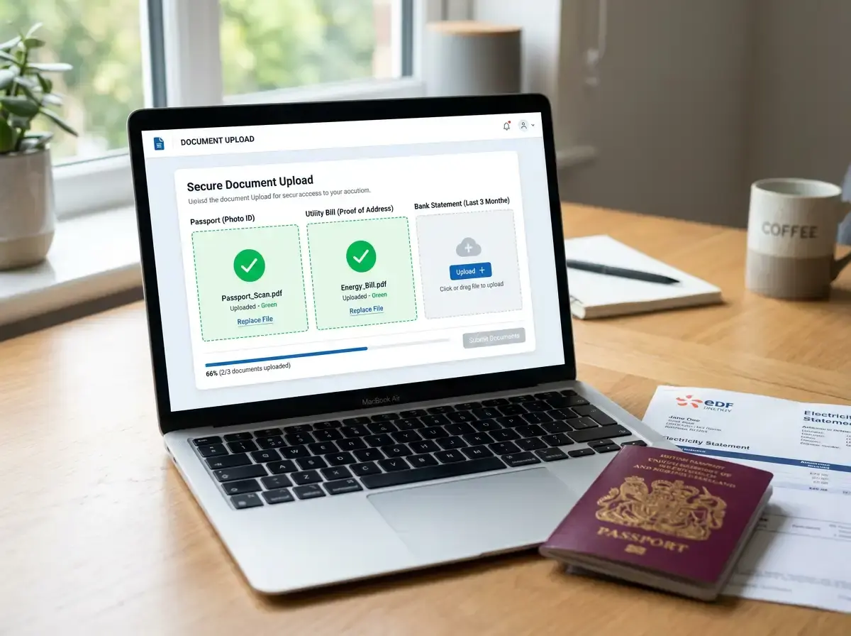 Casino KYC document upload interface showing verification progress