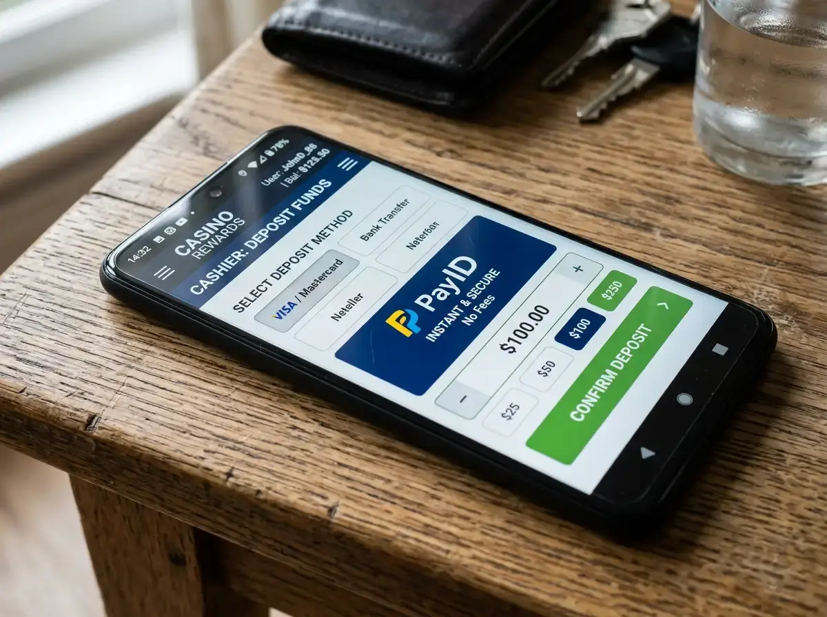 Mobile casino cashier interface showing PayID deposit option