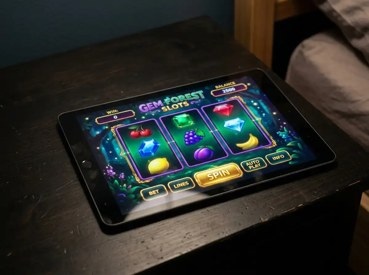 Colourful online slot machine interface with spinning reels displayed on a tablet screen