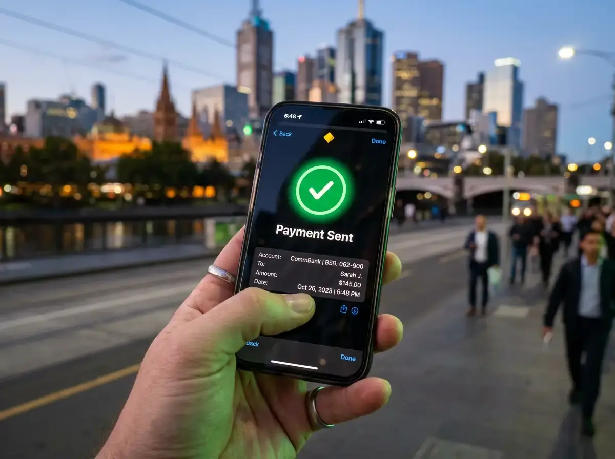 PayID casino Australia real-time deposit interface with emerald transaction confirmation on dark background