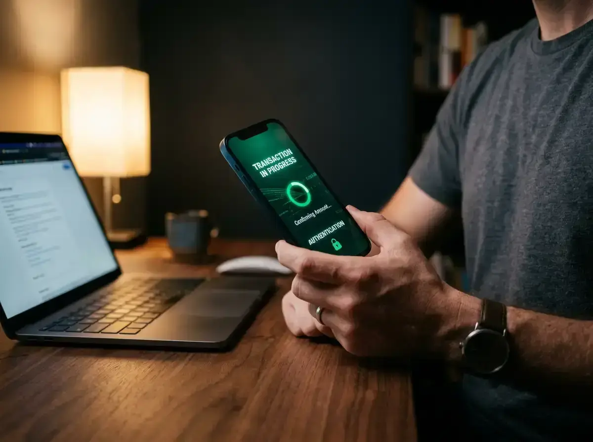 Person completing a PayID deposit on a mobile banking app with a laptop open in the background