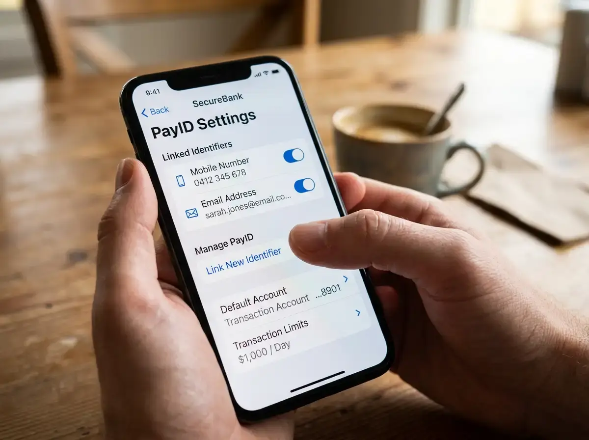 Banking app settings screen showing PayID identifier switch options