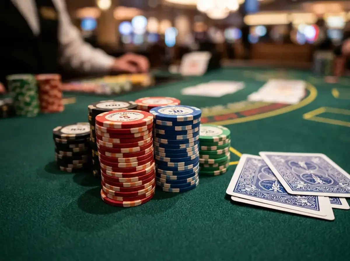 Casino table with poker chips and cards ready for play