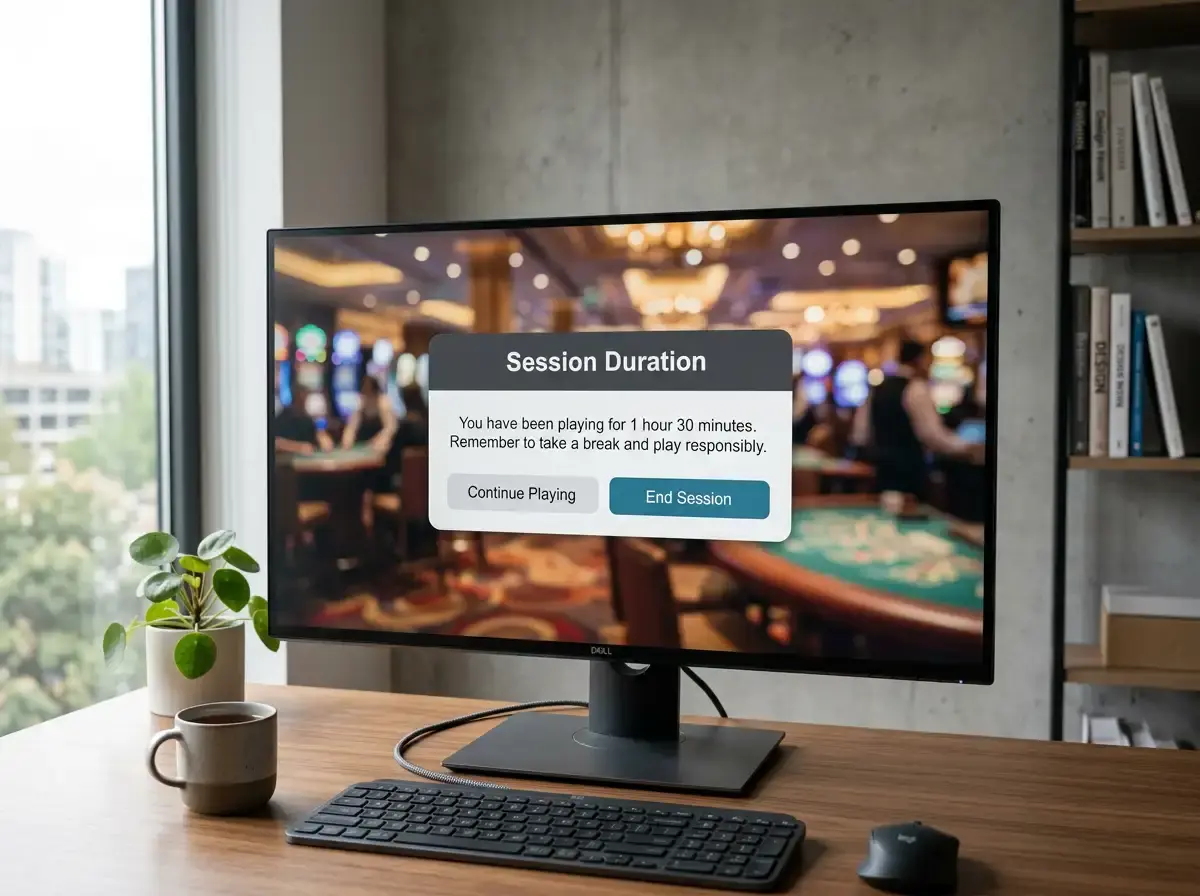 Casino session timer and reality check pop-up during gameplay