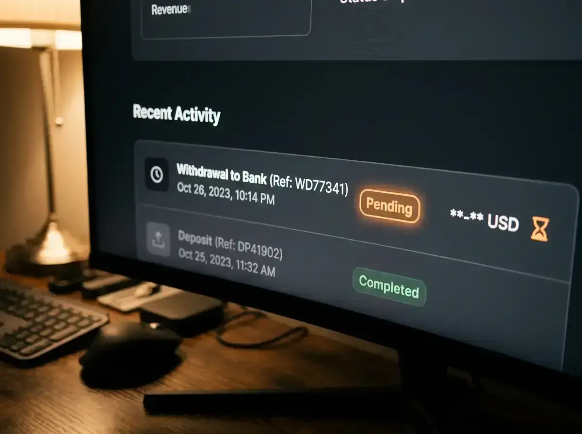 Casino withdrawal request showing pending status in cashier interface